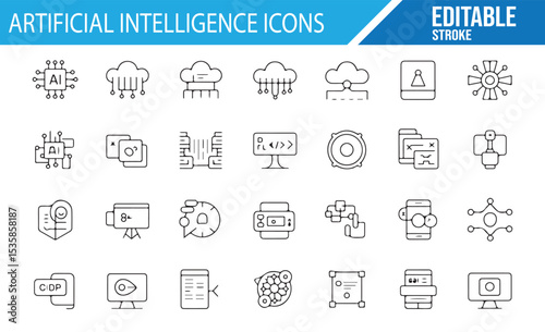 Set of AI and Technology Icons in Editable Stroke for Digital Use