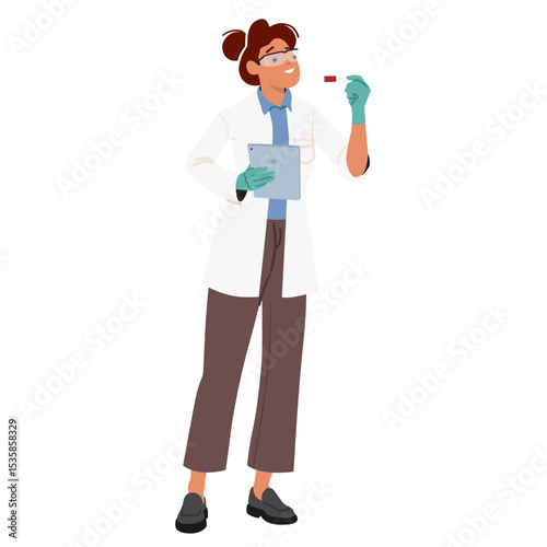 Young woman scientist cartoon character wearing lab coat analyzing samples isolated on white