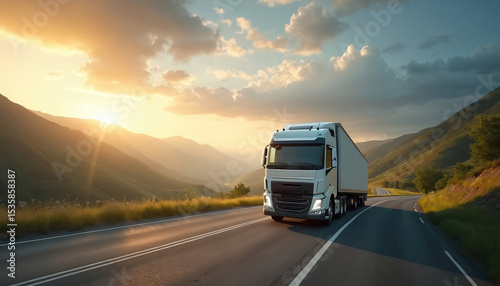 Large commercial truck drives on road in mountains at sunset. Efficient goods transportation, logistics, delivery, distribution. Semi truck trailer on highway. Transport industry, cargo shipment.