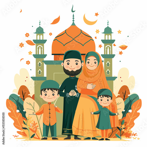 illustration Father mother and two children pose in Islamic hands