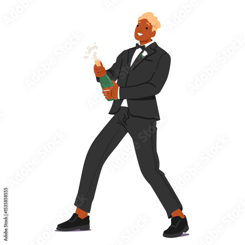 Elegant groomsman cartoon character uncorking bottle of champagne greeting friend with marriage