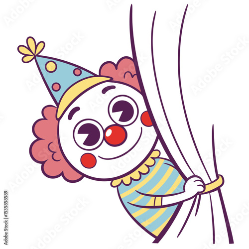 Clown Peeking from Behind the Curtain Illustration
