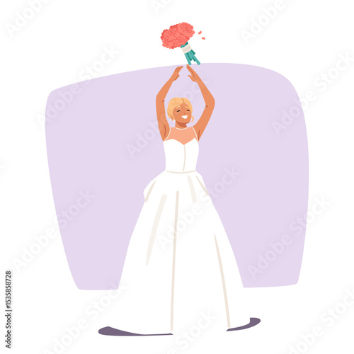 Happy smiling bride wearing festive bridal dress tossing flower bouquet in air cartoon scene