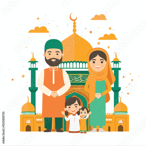 illustration Father mother and two children pose in Islamic hands