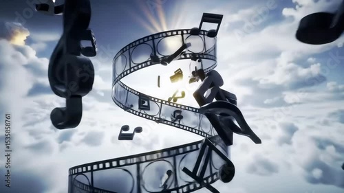 Spiraling film strip and floating musical notes in a luminous, surreal sky