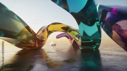 Futuristic glass arches with flowing color gradients and undulating motion in a serene landscape