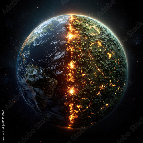 Earth planet forest fire night space dramatic half burning environmental climate crisis glowing