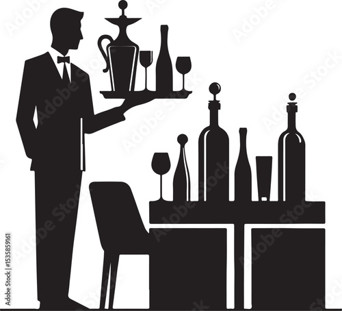 Elegant Waiter Serving Drinks and Wine in a Upscale Restaurant Setting