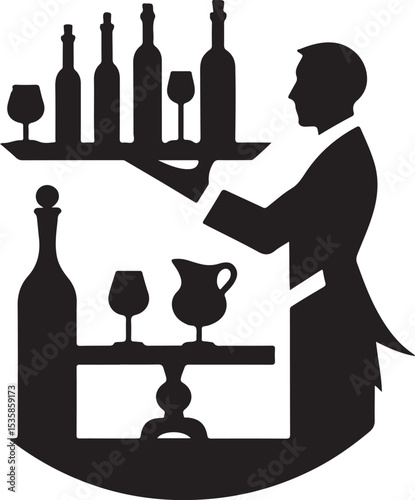 Elegant Waiter Serving Fine Wines and Drinks  High-Quality Vector Illustration