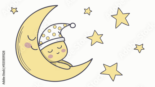 Vector emoji cute sleeping moon and stars illustration for nursery decor and baby room art print and wall decoration