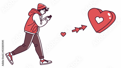 Vector emoji man running with phone sending love heart arrow online dating app vector illustration graphic design concept