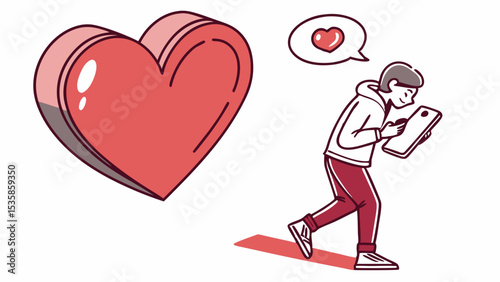 Vector emoji illustration of online dating and love with a man using a tablet and a heart symbol representing love