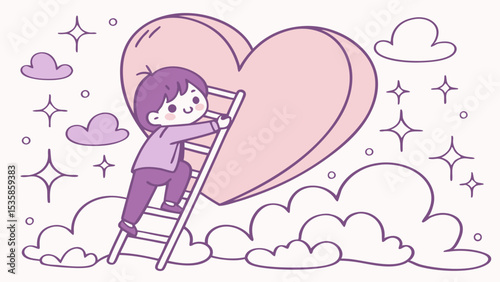Vector emoji illustration of boy climbing ladder to heart in clouds and stars dream love concept art design