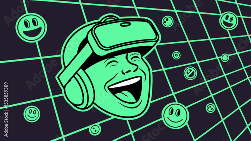 Vector emoji experience virtual reality with a happy vr headset user in a neon metaverse environment of smiles