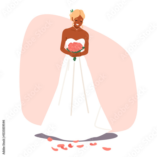 Beautiful young bride wearing elegant wedding white dress holding rose flower bouquet cartoon scene
