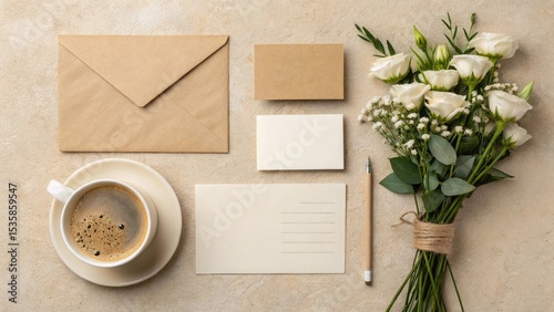 Elegant stationery set with coffee and flowers