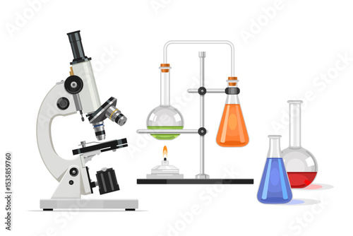 Laboratory microscope with glass test tubes with liquid of different colors. Medical equipment. Flat illustration