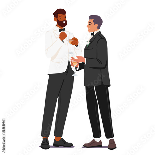Festive dressed groom and groomsman talking drinking champagne in glasses isolated on white