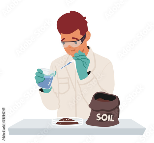 Man scientist testing soil checking ground fertility working with laboratory equipment cartoon scene