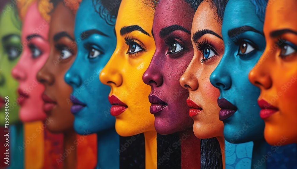Obraz premium Colorful illustration featuring diverse women faces side profile. Vivid skin tones, vibrant makeup, bold lips. Portraits human diversity, beauty. Art style modern, contemporary. Represents cultural