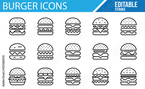 Stylish Burger Icons with Stroke Effect for Digital Use