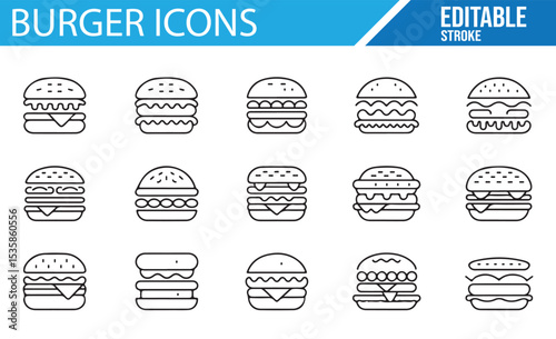 Modern Burger Icon Set with Editable Stroke Lines