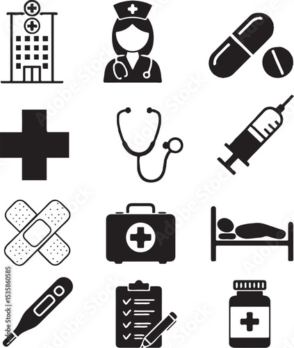 Medical Icons Silhouette Vector Set – Healthcare, Hospital, and Emergency Symbols

