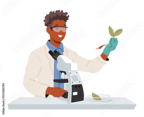 Man scientist examining seedlings of garden plants using microscope working in agricultural lab