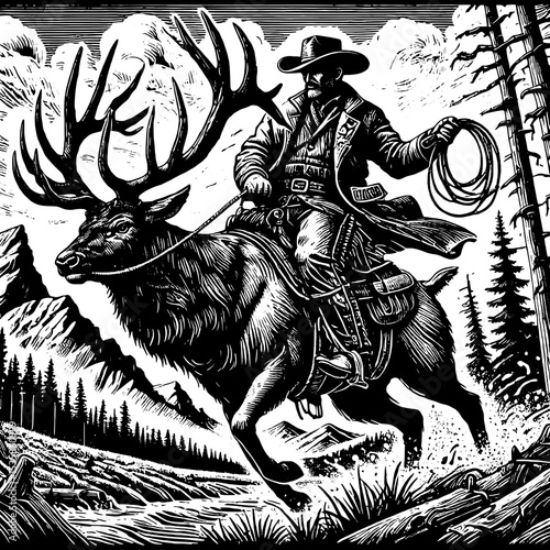 Cowboy Riding Deer with Lasso in Wilderness Black and White Vector Illustration