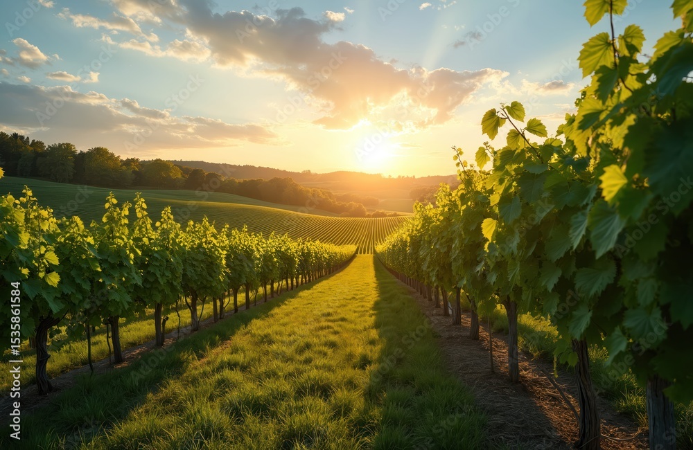 Fototapeta premium Sunlit vineyard Traverse City. Rows lush green grapevines stretch rolling hills. Sunny day rural landscape. Agriculture, winemaking, countryside. Production, harvest, tourism, wine tasting.