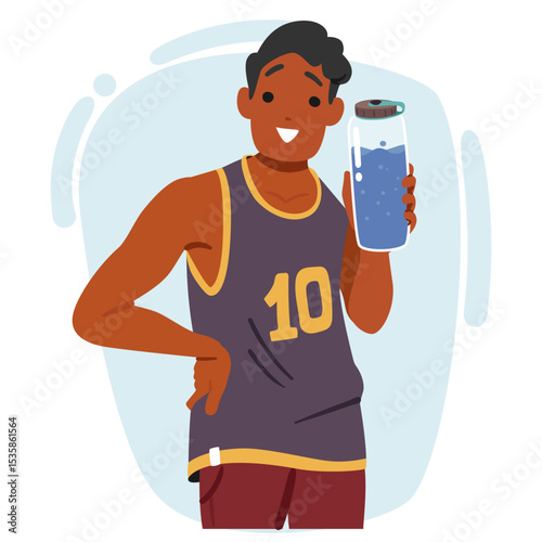 Young sportive guy character preferring healthy habits and lifestyle caring for water balance