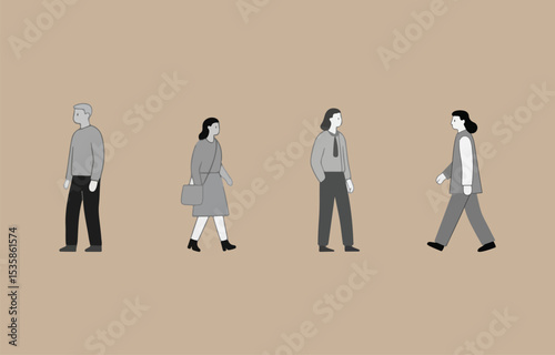 Four stylized grayscale figures walking in different directions on a neutral background