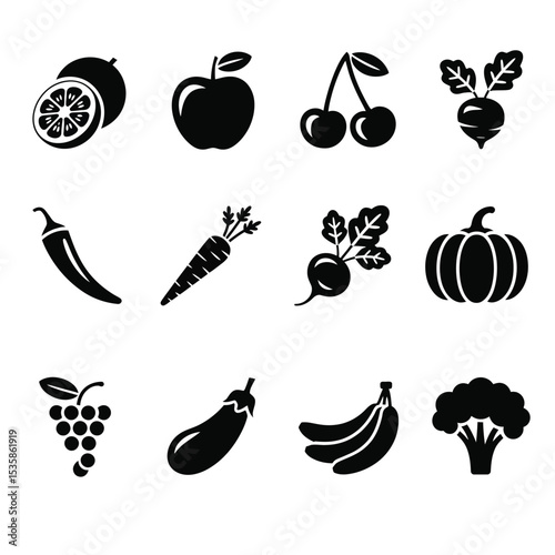 Collection of Fruits and Vegetables Icons Simple Black Glyph Illustrations