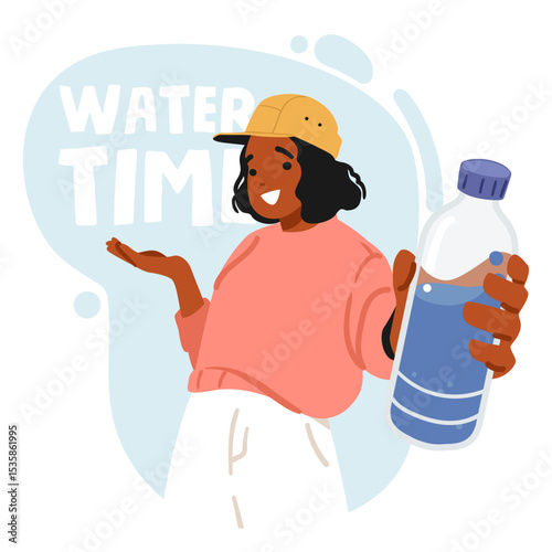 Smiling stylish teenage girl character promoting to take water time for refreshing cartoon scene