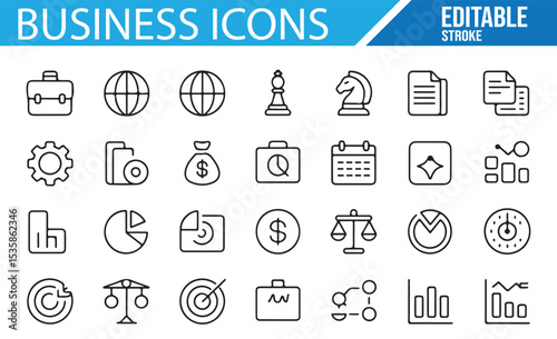 Simple Business and Strategy Icons in Line Art Style