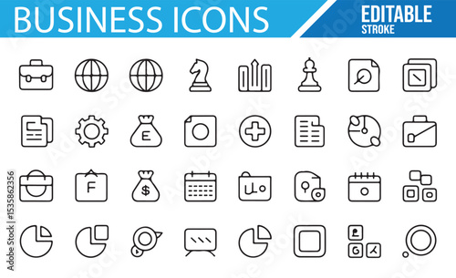 Editable Line Icons of Business Tools, Growth, and Finance