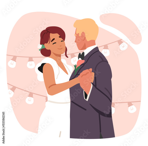 First wedding dance of happy newlyweds pair, beautiful just married couple, romantic young people