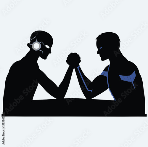 Human vs Robot Arm Wrestling – Flat Vector Illustration of AI and Human Competition