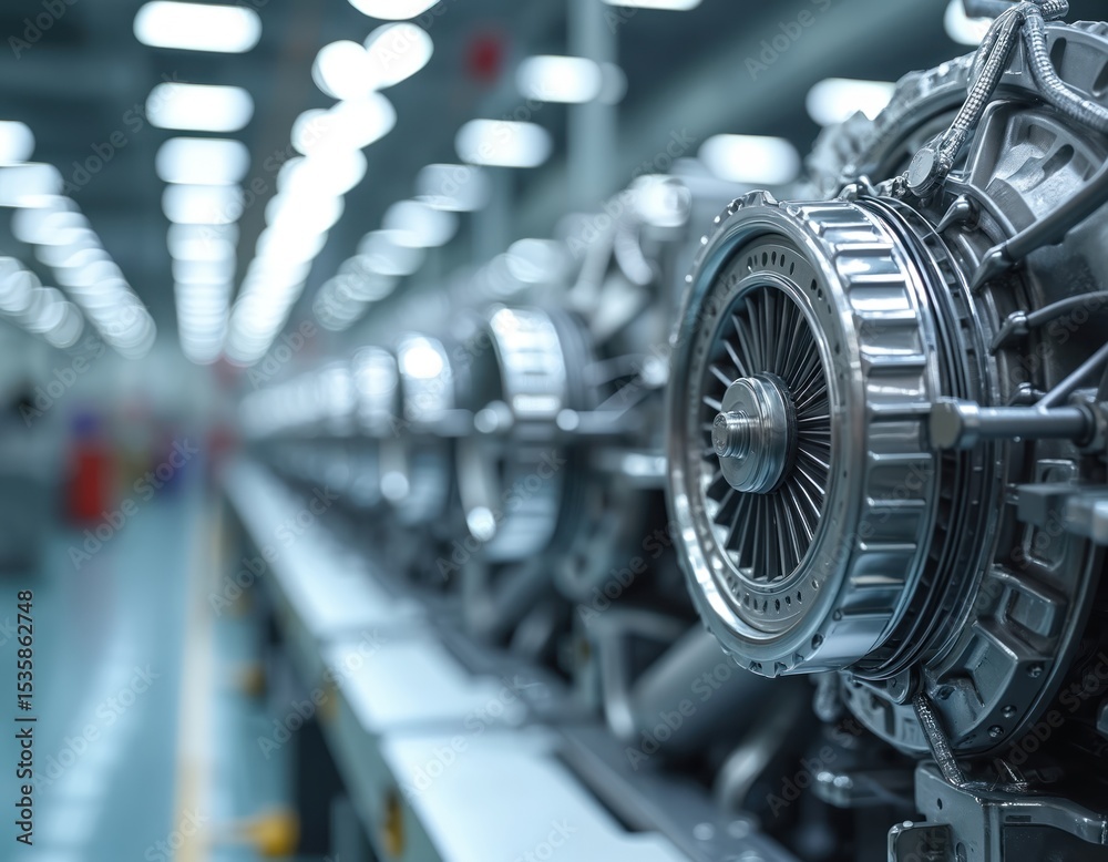Fototapeta premium Modern industrial photo car engine production line. Shiny stainless steel components. Factory machinery. Automated manufacturing process. Precision engineering technology.