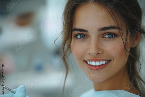 Smiling woman in dental clinic showcasing perfect teeth and healthy gums while holding dental tools Free Download Smiling woman in dental clinic showcasing perfect teeth and healthy gums while holding dental tools - GFXLoad