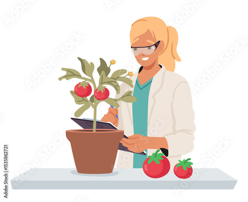 Scientist cartoon character checking quality of cultivated tomatoes plant in lab isolated on white