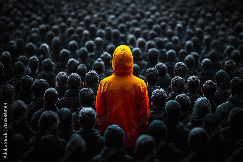 Obraz premium Brightly colored figure stands out among crowd in dark setting at an event