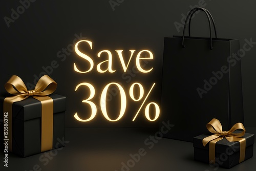 Elegant banner for luxury sale, black and gold style, glowing letters Save 30, clean background with soft shadows, premium shopping vibe