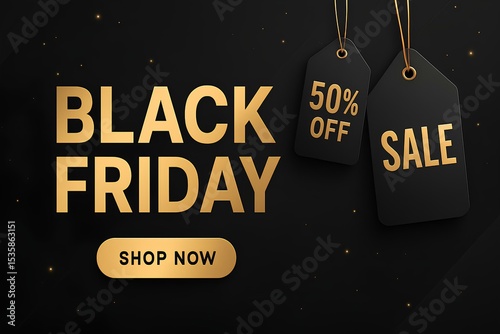 Black Friday sale banner, dark and gold color scheme, bold Black Friday text, discount tags, luxury and urgency feeling