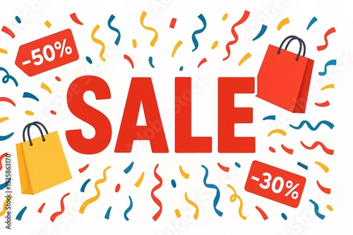 Bright and dynamic sale banner with bold red SALE text, confetti, shopping bags, discount percentage tags, white background, festive and energetic design