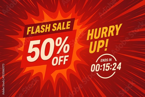 Dynamic flash sale banner with explosive red and orange design, bold 50 OFF sign, shopping rush concept, speed lines and countdown elements