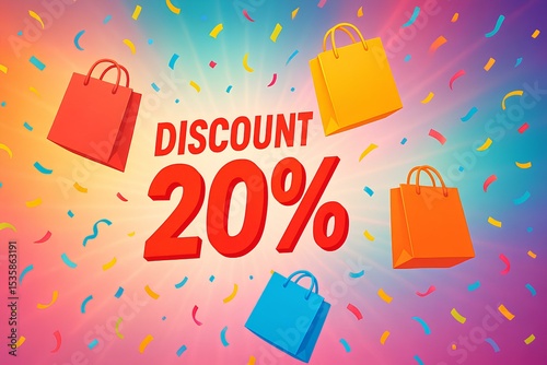 Wide sale banner with bold red text Discount 20, dynamic layout, shopping bags flying, festive confetti, modern and colorful background
