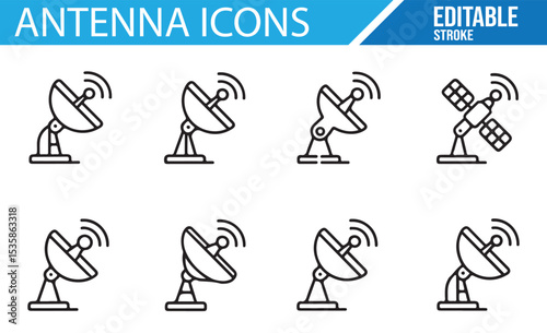 Collection of 8 Antenna Icons in Stroke Design