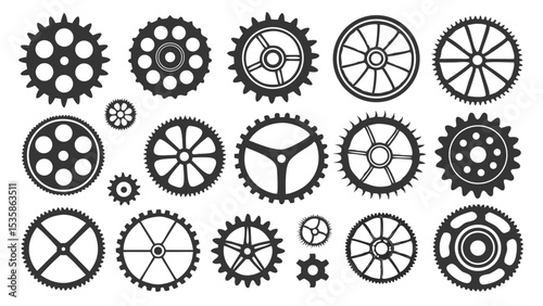 mechanical gears cogs wheels steampunk industrial machinery icons vector collection black isolated on white background.