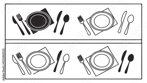 table setting place setting icons with plates utensils fork knife spoon dining etiquette isolated on white background.